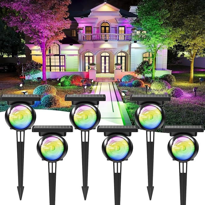 Monocular Solar Spot Lights Outdoor Waterproof, RGB+3CCT Solar Tree Spotlight, Bright Solar Uplights for Halloween Decorations Outdoor, Multicolor Garden Yard Landscape Path Lights [6Pack]