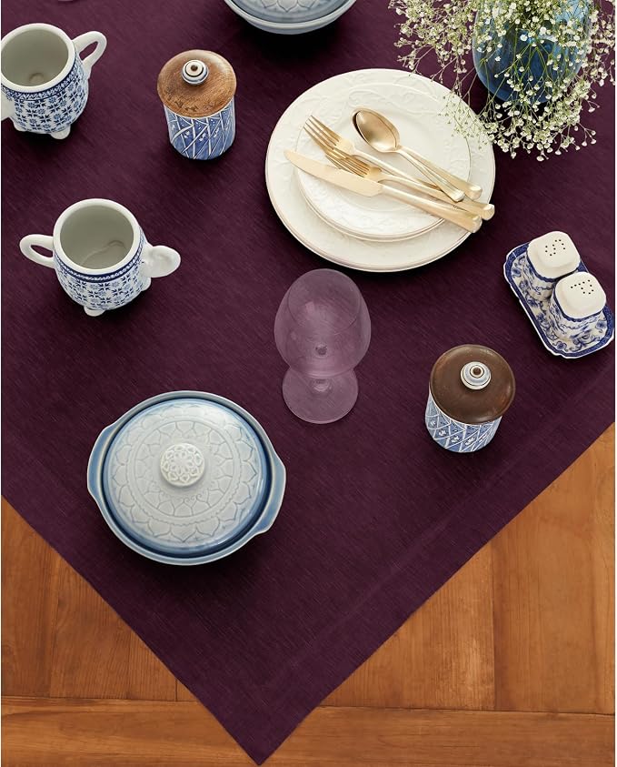 Solino Home Linen Tablecloth 52 x 52 Inch - 100% Pure Linen Square Table Throw - Athena, Machine Washable Chambray Burgundy Tablecloth