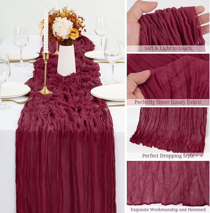 24 Pack Burgundy Cheesecloth Table Runners,10FT Boho Gauze Table Runner,35x120inch Rustic Table Runner for Wedding Party Bridal Shower Thanksgiving Christmas Boho Table Decoration