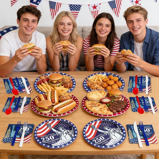300 Pcs 250th Anniversary 4th of July Decorations American Flag Patriotic Party Supplies Set - Serve 50, 4th of July Disposable Paper Plates Napkins Cutlery Knives Forks Spoons Red White Blue Decor