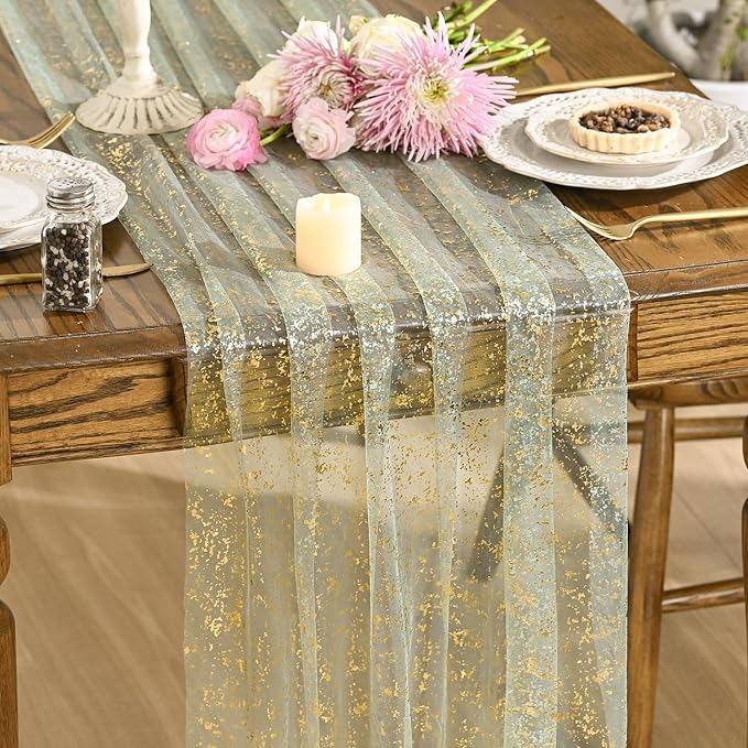 Artoid Mode 6PCS Sage Green Gold Gauze Table Runner 120 Inch 10FT, Glitter Metallic Foil Sheer Dining Wedding Anniversary Holiday Birthday Table Decor for Home Party