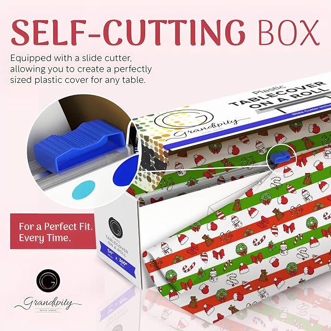 Grandipity Plastic Tablecloth Roll - 54in x 300 Ft. Christmas Plastic Table Cloths for Parties Disposable with Cutter Box - Cut to Size Disposable Tablecloth Table Cover for Rectangle & Round