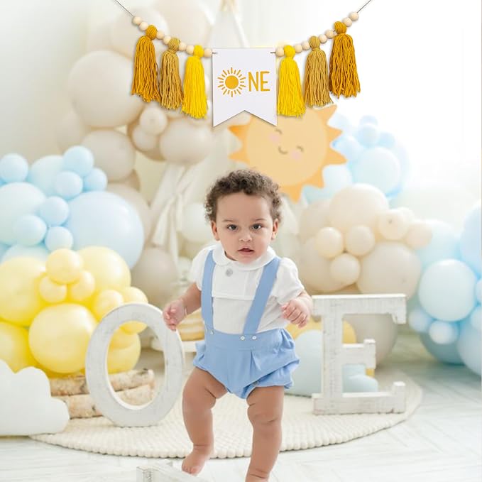 Gostman Sun One Tassel High Chair Banner | First Trip Around The Sun Birthday Party Decoration,Sun Sign First Birthday Party Supplies,Sunshine Highchair Banner