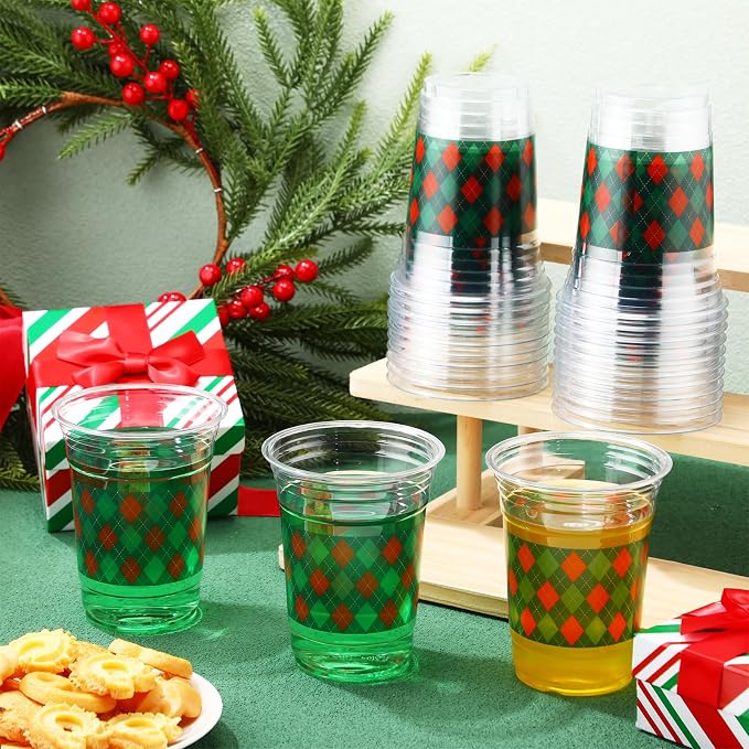 100 Pack Red and Green Plaid Plastic Cups 16 oz Disposable Checkered Spring Party Cups Bulk for Picnic Rustic Birthday Party Baby Shower Supplies