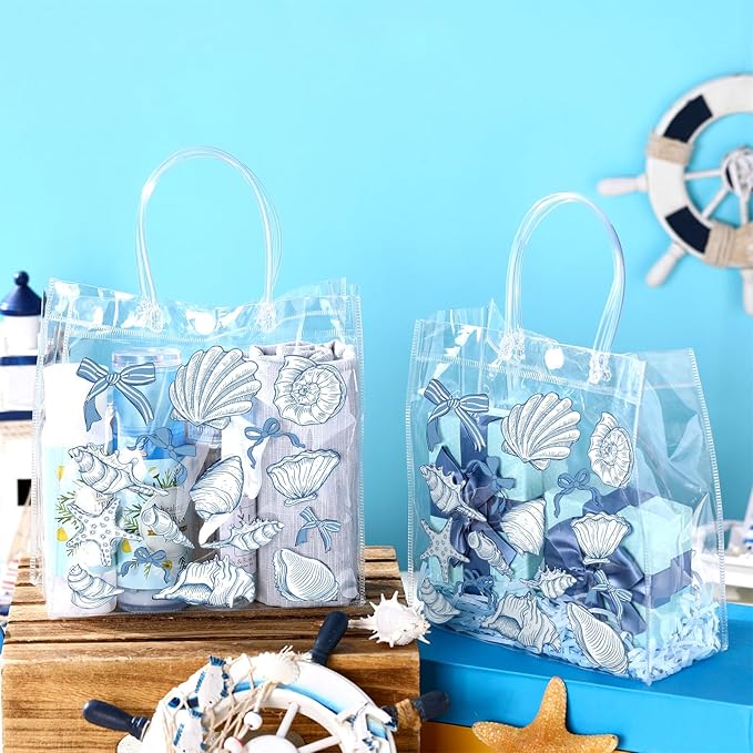 Teenyyou 24 Pcs Ocean Seashell Beach Gift Bags with Handles Starfish Shell PVC Gift Bags Candy Treat Tote Party Favor for Birthday Party Supplies