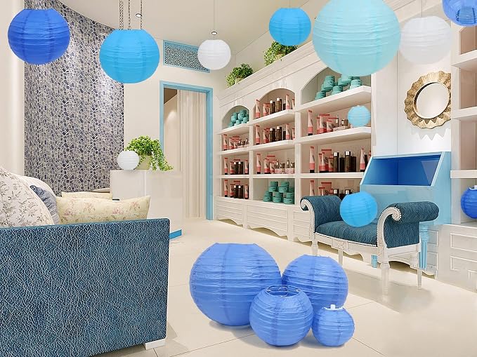 LURICO 16 Pcs Blue/White Paper Lanterns (Size of 4”, 6”, 8”, 10”) - Chinese/Japanese Paper Hanging Decorations Ball Lanterns Lamps for Home Decor, Parties, and Weddings