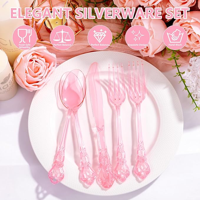 150PCS Pink Plastic Silverware - Heavy Duty Elegant Disposable Utensils - Vintage Baroque Cutlery Set Disposable Includes 50Forks, 50Spoons, 50Knives for Dinner Party Wedding