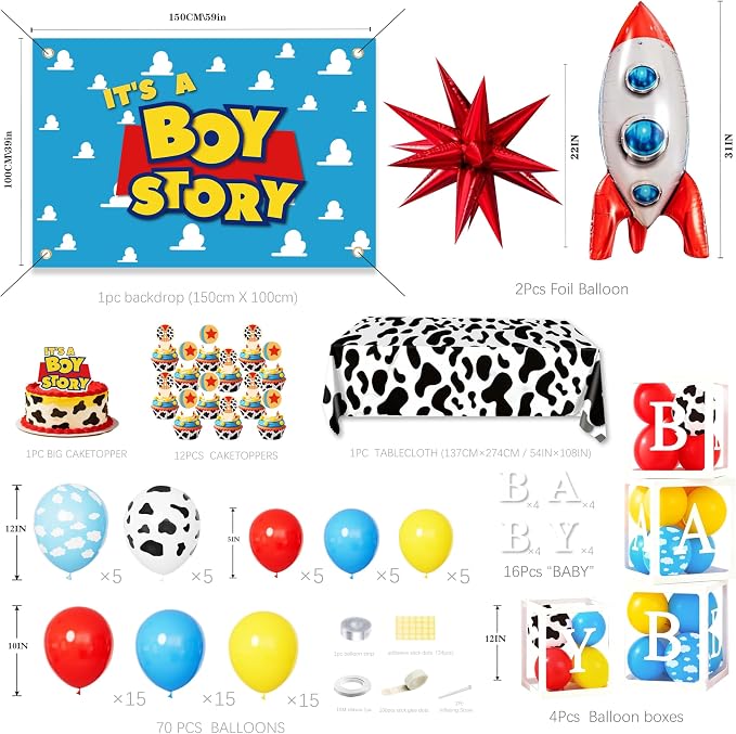 96Pcs Cartoon Toy Theme Baby Shower Decorations for Boy, Cowboy & Space Style Party Supplies with 4 Baby Boxes, Cow Cloud Pattern Balloons, Rocket Foil Balloon & Backdrop for Blue Yellow Red Decor