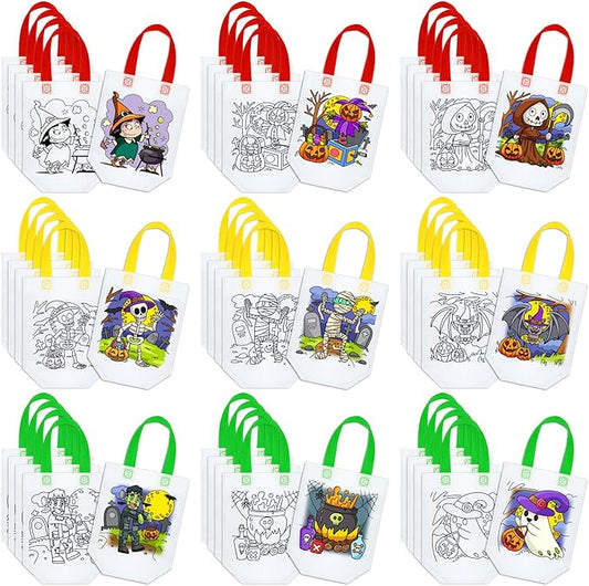Kacctyen 45 Pcs Halloween Cute Coloring Goodie Bags for Kids Reusable Birthday Art Party Favor Paint Color Your Own Trick or Treat Graffiti Goodie Bag Halloween, 9 Styles