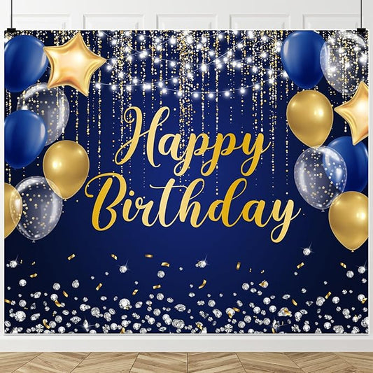 Navy Blue and Gold Happy Birthday Backdrop 10x8ft Royal Blue Birthday Banner Large Happy Background Decorations Supplies for Men Women Boys Girls