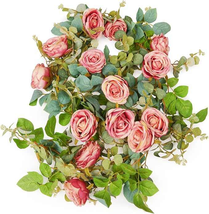 PONKING Flower Garland Artificial Rose Vine Flowers Hanging Fake Roses Vines for Wedding Birthday Party Valentines Christmas Room Wall Arch Decor, 2 Purple Floral Garland Decorations, High Realistic