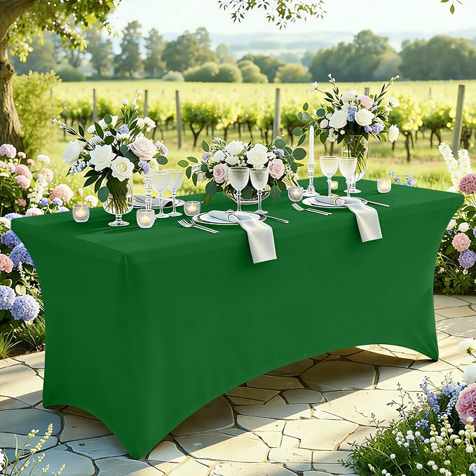 Moosfor Spandex Elastic Fitted 8FT Rectangle Tablecloth 6 Pack, Stretch Washable Reusable Table Cover for Outdoor Picnic, Dining, Wedding, Banquet & Party Events (Emerald Green, 96Lx30Wx30H Inch)