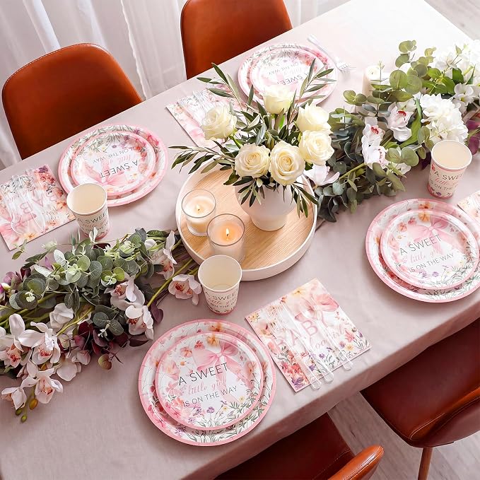FillTouch 350 Pcs Baby in Bloom Baby Shower Party Plates Napkins a Sweet Is on The Way Paper Cups with Clear Knives Fork Spoon for Pink Bow Flower Disposable Birthday Tableware for 50 Guests