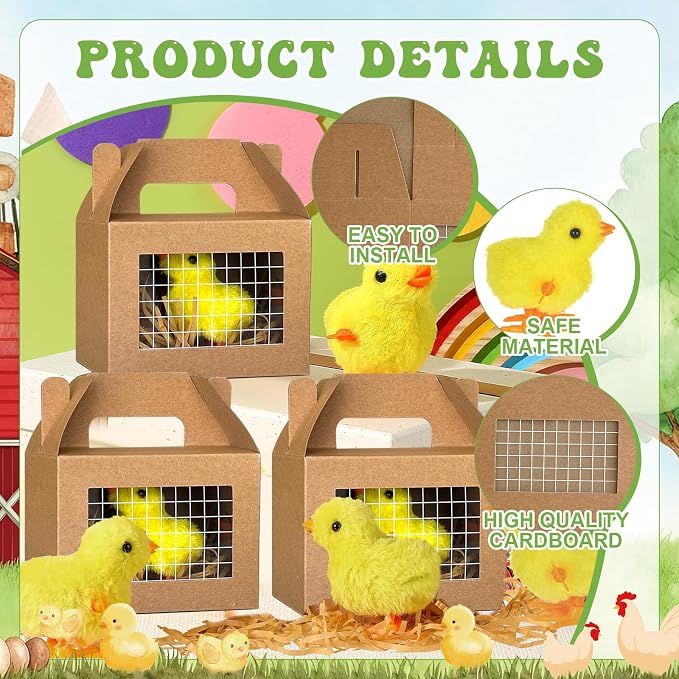 38 Pcs Adopt a Chick Party Favors Farm Animal Party Favor 12 Mini Wind up Jumping Chicken 12 Foldable Boxes 12 Cards 1 Adopt Sign 1 Fence for Adopt a Farm Animal Birthday Party Favor (Chick)
