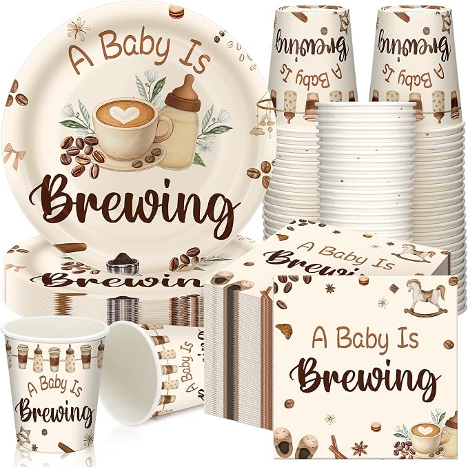Hushee 200 Pcs a Baby Is Brewing Baby Shower Paper Plates Cups Napkins Coffee Party Supplies Tableware Set Decorative Disposable Cup Napkin for 50 Guest Party Decoration