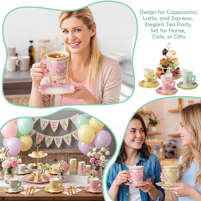 Layhit 83 Pcs Disposable Tea Party Set with 3 Tier Cake Stand Vintage Floral Paper Cups Plates Napkins Cutlery for Women Girls Birthday Baby Shower Bridal Shower Tea(Novel)