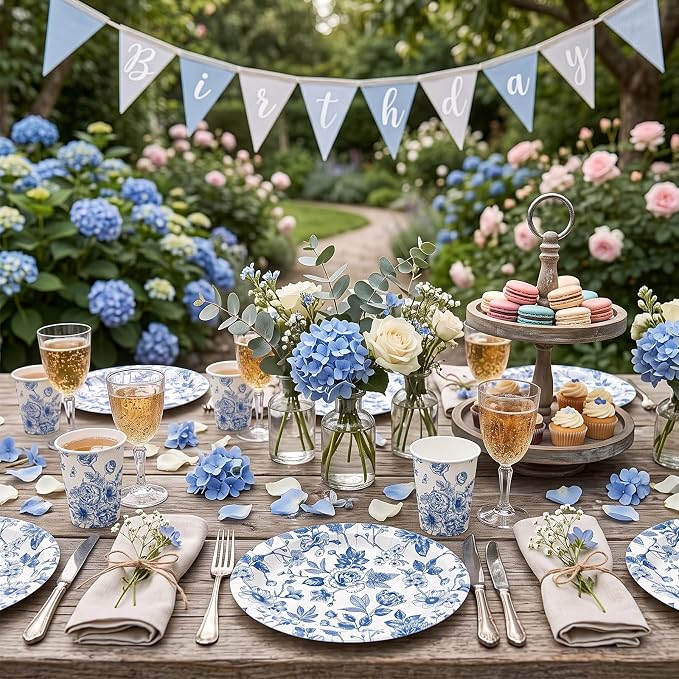 Vesici 150 Pcs Blue Floral Party Supplies 10'' x 12'' Large Oval Paper Plate Napkin Cup Set Vintage Blue White Floral Tableware Disposable Heavy Duty Plate Birthday Wedding Bridal Shower Decoration