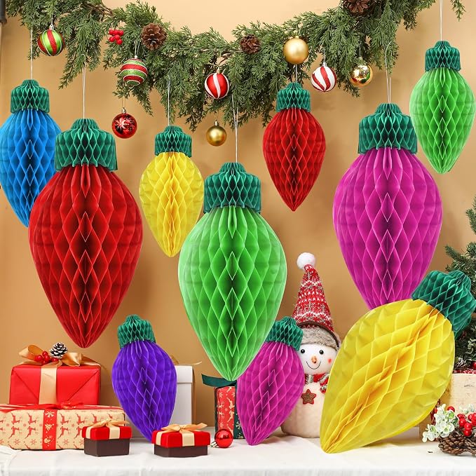 12 Pcs 20" and 12" Bright Jumbo Christmas Lights Honeycomb Hanging Decoration Large 3D Light Bulb Xmas Assorted Colors Honeycomb Light for Christmas Tree Mantel Ceiling Classroom Ornament