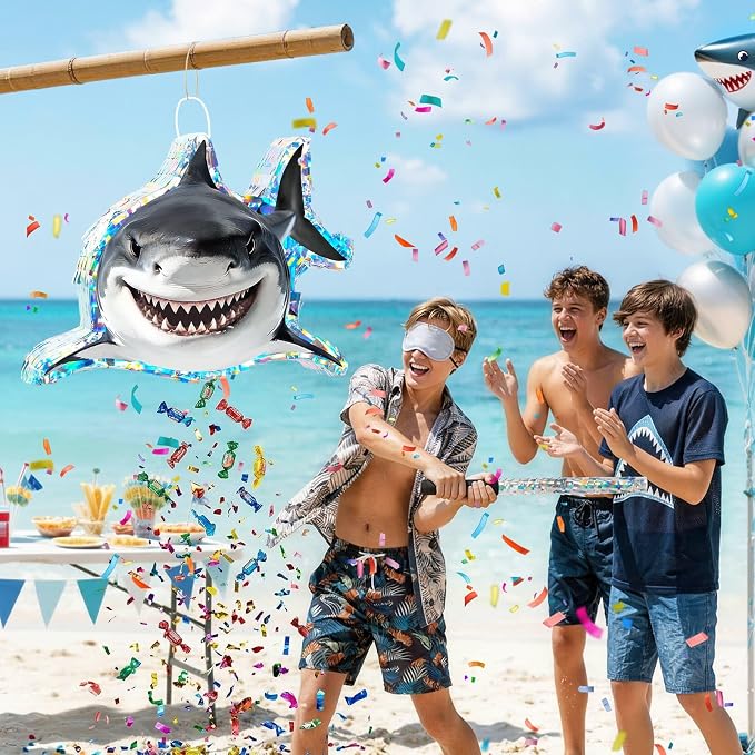 WERNNSAI Shark Piñata - Under the Sea Party Decorations Great White Shark Piñata with Blindfold and Stick for Men Boys Ocean Birthday Decorations Celebration Carnival Supplies