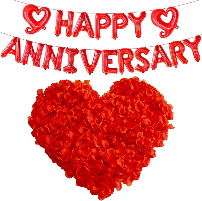 KatchOn, Red Happy Anniversary Balloons Letters - Huge, 18 Inch | Hook Red Heart Balloons | 1000 Pcs Artificial Red Rose Petals - Silk, Fake Rose Petals for Romantic Night for Her Set
