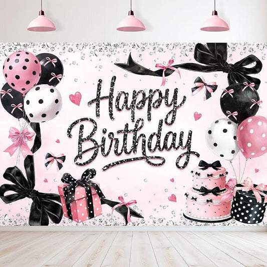 Black Pink Happy Birthday Backdrop 7Wx5H Feet Polyester Fabric Girly Bow Balloons Diamond Cake Elegant Decoration Sparkle Dot Pattern Luxury Photography Background Photo Shoot Props