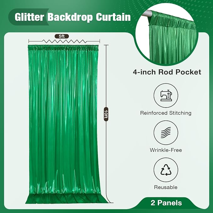 10x10FT Green Sequin Backdrop Curtain for Party - 2 Panels 5x10FT Wrinkle-Free Shimmer Drapes for Birthday, Wedding, Christmas, Decorations & Photography