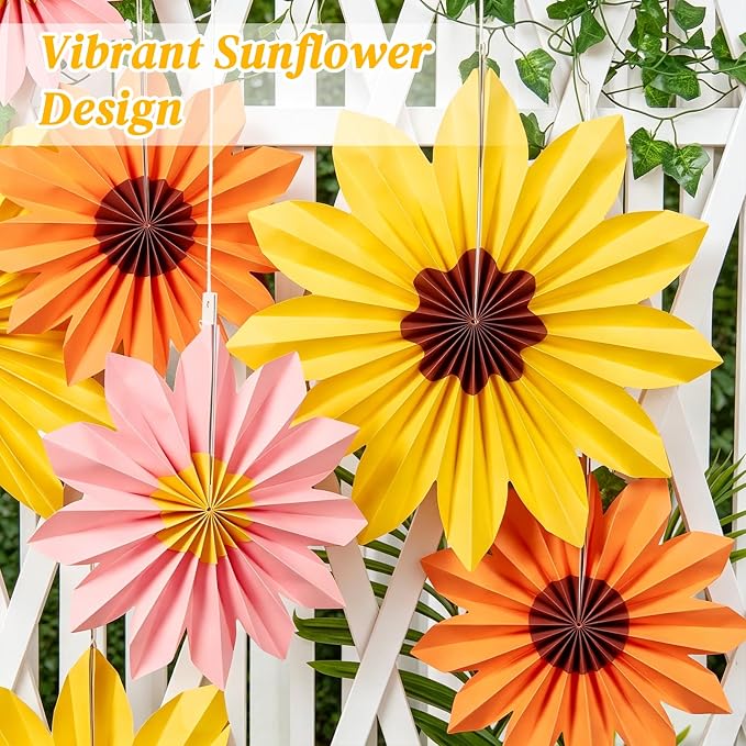 Orange Yellow Paper Fan, Pink, Orange and Yellow Paper Flowers for Sunflower Party Decorations, Paper Flowers Decorations for Wall, Sunflower Birthday Decor, Baby Shower, Classroom Decor