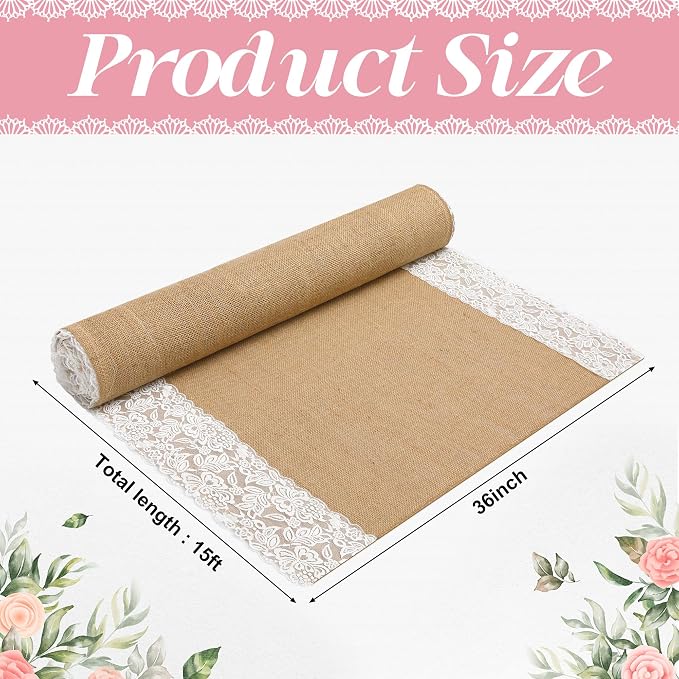 moonoom 15 Ft x 36 in Natural Burlap Wedding Aisle Runner, Rustic Jute Weddings Runway Carpet with Lace, Ceremony Burlap Carpet Roll for Beach Garden Church Reception Craft Decor