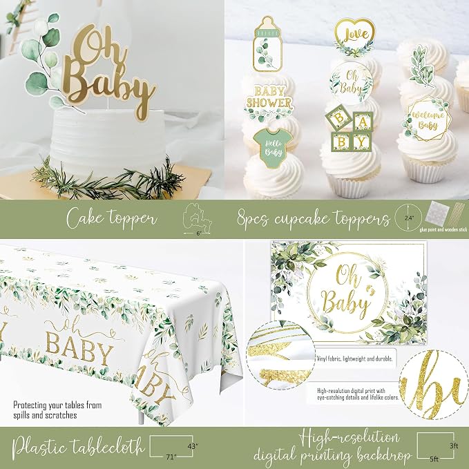 Sage Green Baby Shower Decorations, Gender Neutral Baby Shower Decorations, Greenery BabyShower Party Supplies, Oh Baby Backdrop Tablecloth Balloon Garland BABY Box Welcome Baby Banner