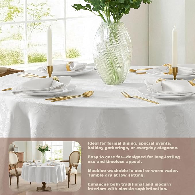 Newbridge Barcelona Luxury Damask Fabric Tablecloth, 90” Round, White, 100% Polyester, No Iron, Soil Resistant Dining Room, Party and Banquet Table Cover