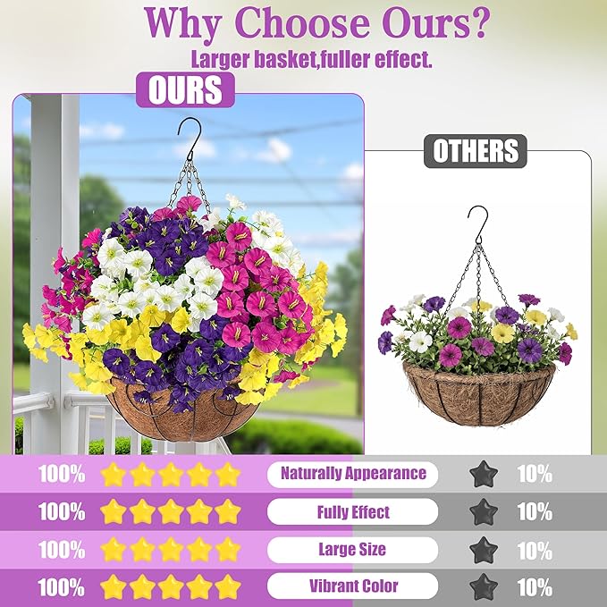 Artificial Flowers for Outdoors with Baskets Hanging Plant Faux Flowers UV Resistant Fake Silk Morning Glory with Eucalyptus for Planter Porch Garden Home Spring Summer Decoration(Mixed 4 colors)