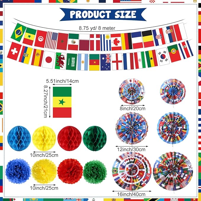 Pasimy 15 Pcs International World Flags Decorations Around The World Hanging Paper Fans Country Flags Banner Bunting Paper Pompoms Honeycomb Ball for Around The Nation Classroom Sport Supplies