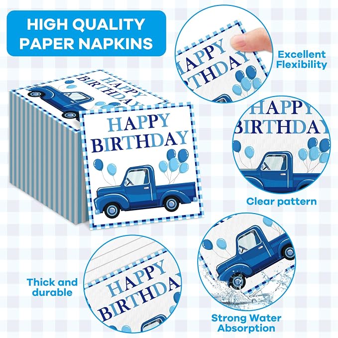 96 Pcs Blue Truck Party Decorations Blue Truck Happy Birthday Plates and Napkins Farm Car Theme Tableware Set Blue-White Themed Party Supplies for Kids Boys Birthday Baby Shower Serve 24