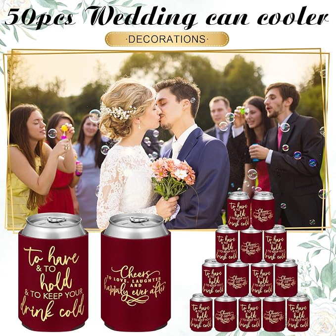 Qinyoung 50 Pieces Burgundy Wedding Can Cooler Sleeves Bulk Engagement Party Favors for Guests Cheers to Love Laughter and Happily Ever After Rehearsal Dinner Decorations for Wedding Bridal Parties