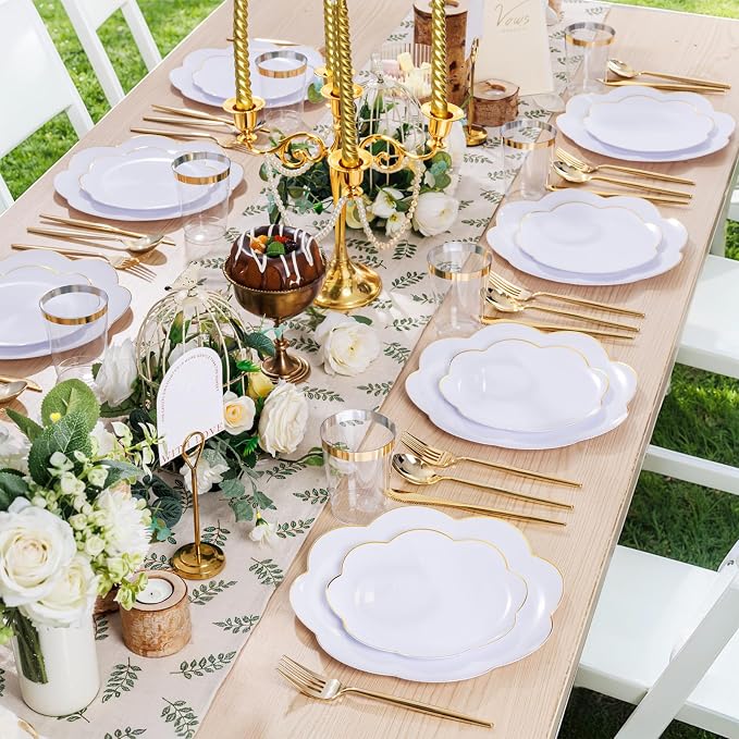 ejonirinjonir EI 180pcs White Plastic Plates with Gold Plastic Silverware,Heavy-Duty Disposable Plates for Party,White Dinnerware Set for 30 Guest Wedding,Birthday,Spring Afternoon Tea