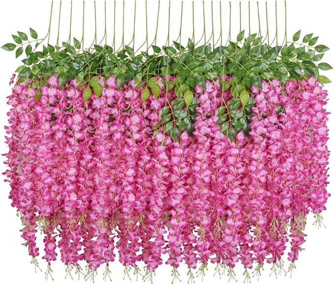 Pauwer Wisteria Hanging Flowers 12 Pack Fake Flower Garland Artificial Wisteria Vines Rattan Silk Flower String Wedding Party Wall Decorations,Fuchsia