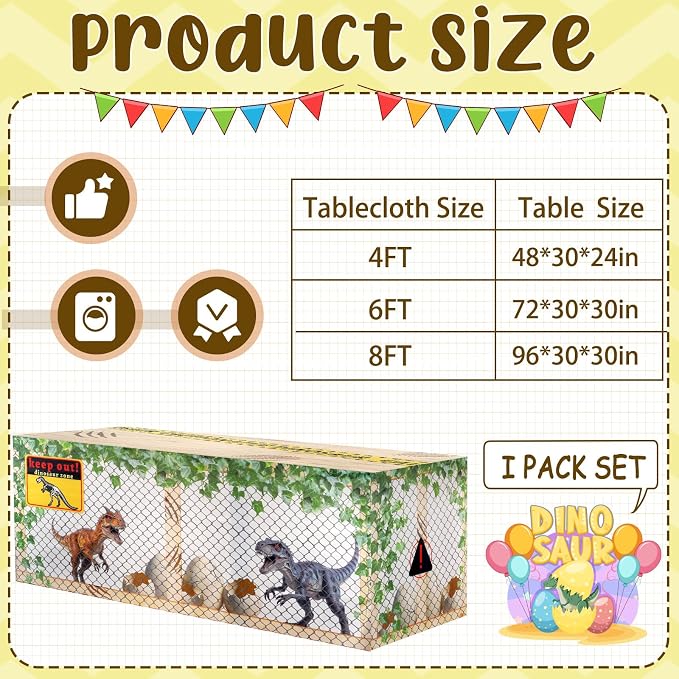 6FT Dinosaur Tablecloth,Dinosaur Birthday Decorations,Washable Fabric Polyester Rectangle Table Cover for Birthday,Picnic, Baby Shower, Dino Party Themed Party Supplies