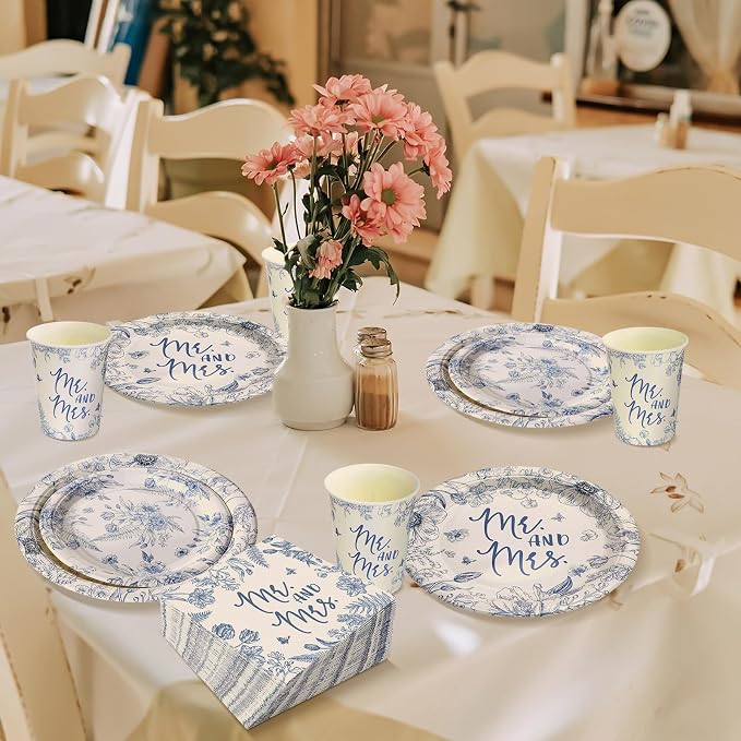 Zhehao 250 Pcs Mr. and Mrs. Bridal Shower Plates Napkins Sets 50 Pcs Floral 9'' Dinner Plates and 7'' Dessert Plate and 9oz Cup 100 Napkin Serves 50 Bridal Shower Decoration Engagement Party Supplies