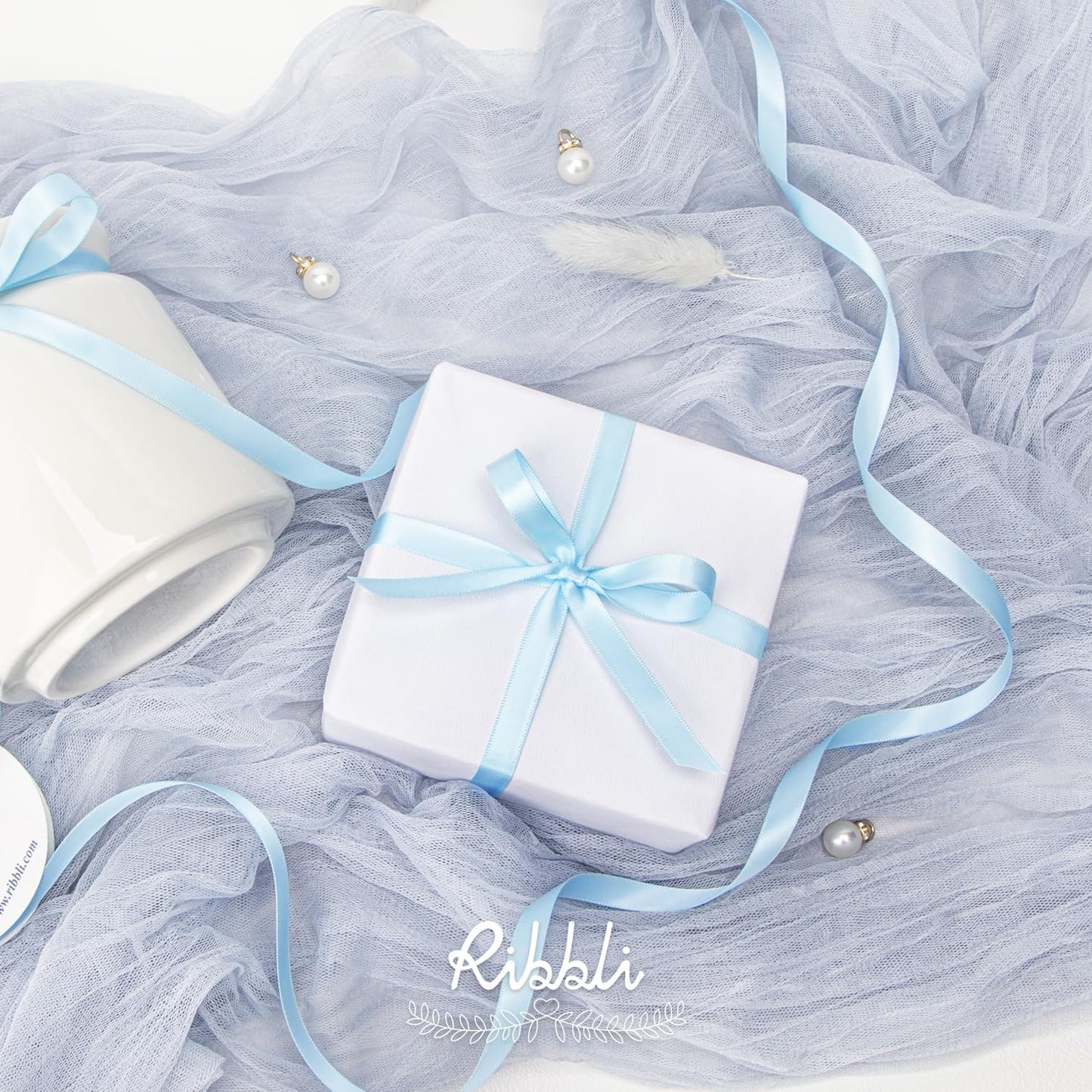 Ribbli Double Faced Light Blue Satin Ribbon,3/8” x Continuous 25 Yards,Use for Bows Bouquet,Gift Wrapping,Floral Arrangement