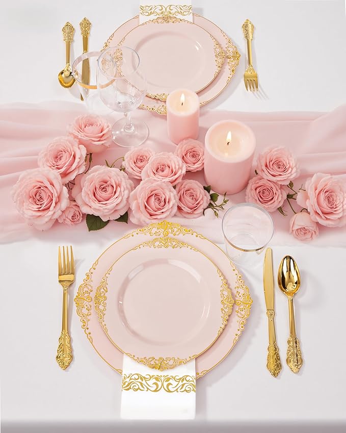 Nervure 175PCS Pink Plastic Plates - Disposable Pink Gold Party Plates & Pre Rolled Napkins with Cutlery for 25 Guests, 50Plates, 75Silverware, 25Cups, 25Napkin for Wedding & Party & Mother's Day
