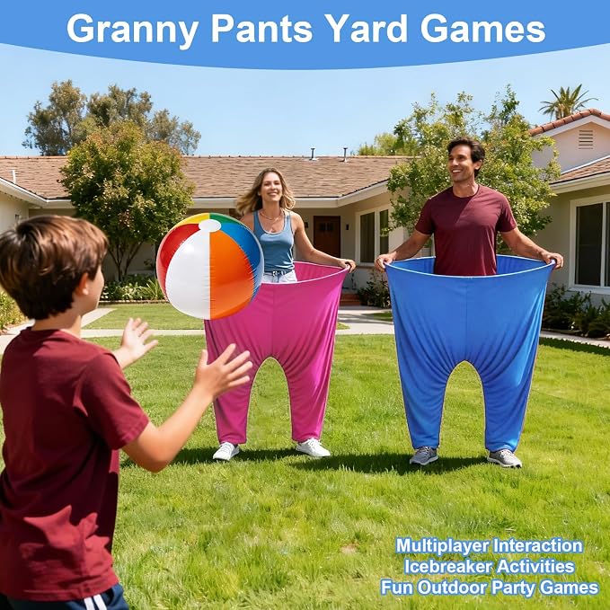 Granny Pants Yard Game Set, Oversized Pants with Bouncy Balls, Pumps & Flags, Giant Outdoor Tossing Games for Adults Family Birthday Backyard Party Team-Building Gatherings