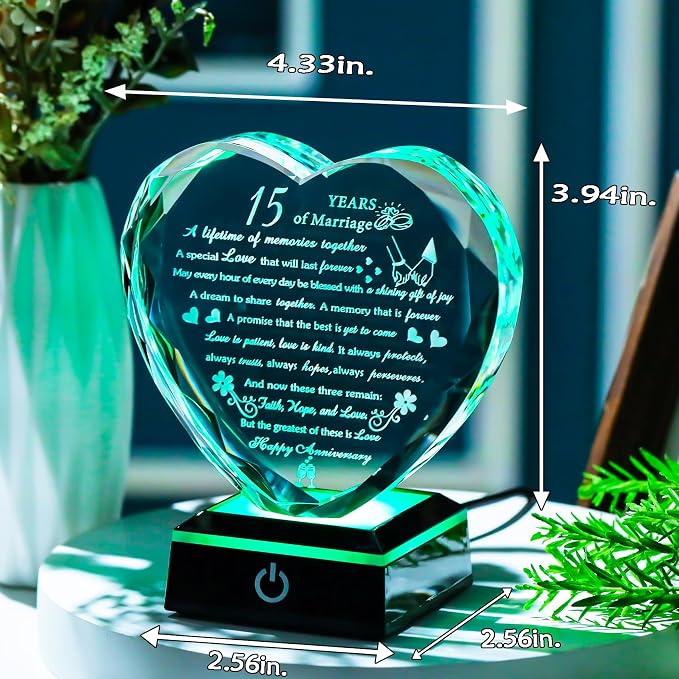 15th Wedding Anniversary Crystal Gifts for Couples with Colorful LED Base,Happy 15th Wedding Anniversary Keepsake Gifts for Her Him, Romantic 15 Years of Marriage Heart Gift for Wife Husband