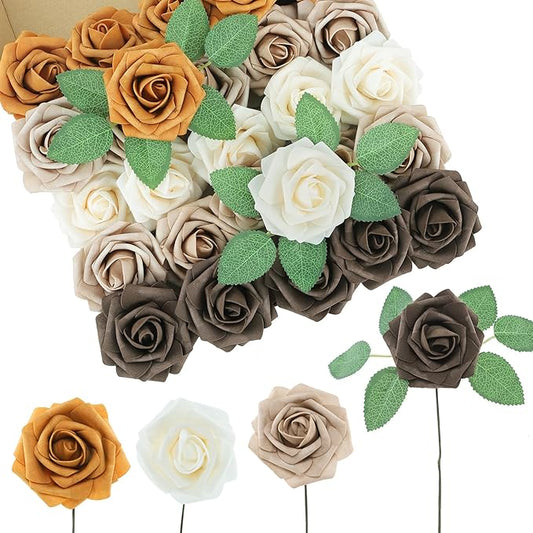 DuHouse 25Pcs Artificial Roses Flowers Fake Roses with Stems Real Touch Foam Flowers for DIY Wedding Bouquet Centerpiece Floral Arrangement Party Home Decor(Ivory Beige)