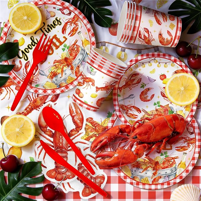 170PCS Crawfish Boil Party Decorations Crayfish Crab Seafood Shrimp Theme Party Supplies Watercolor Lobster Plates Cups Napkins Tableware for Summer BBQ Picnic 24 Guests