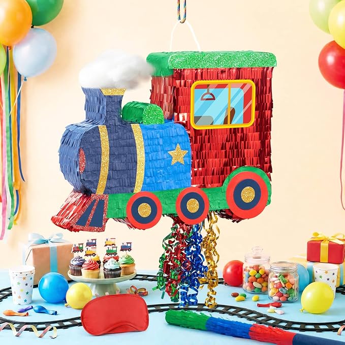 WERNNSAI Train Piñata - Train Themed Piñata with Pull String, Stick and Blindfold, for Birthday Decorations Party Supplies Carnivals Games Supplies (16.5"x12.4"x3")