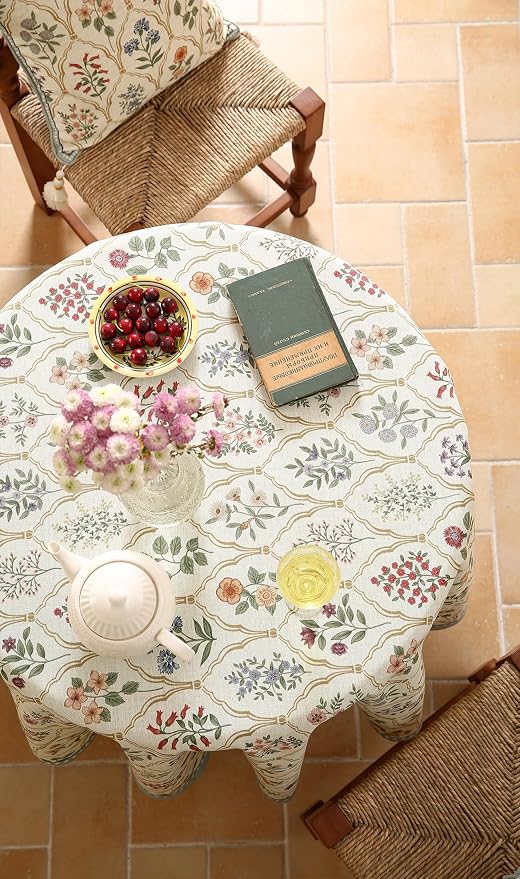 ISAENNE Designer Vintage Round Linen Tablecloth,Diameter 55"-Serenity B | Elegant Small Colorful Floral Pattern Beautiful Heavyweight Table Cloth for Dining Room Tea Party Kitchen Thanksgiving