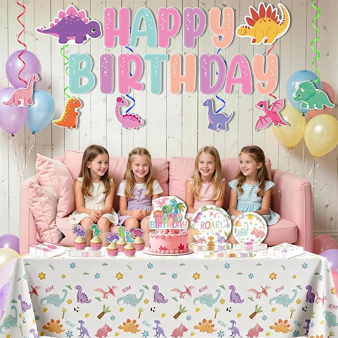 266PCS Dinosaur Party Birthday Decorations - Party Supplies Included Foil Fringe, Banner, Tablecloth, Hanging Swirls, Cupcake Toppers, Tableware, Paper Towel, Latex Balloons (Dinosaur-1)