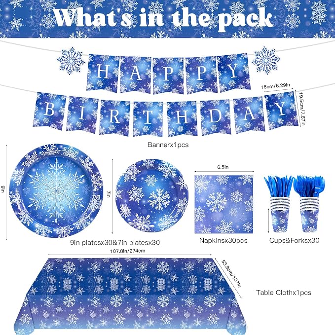 182 Pieces Frozen Birthday Party Supplies Serve 30,Blue and Purple Snowflake Winter Wonderland Disposable Tableware for Christmas Winter Holiday Decorations
