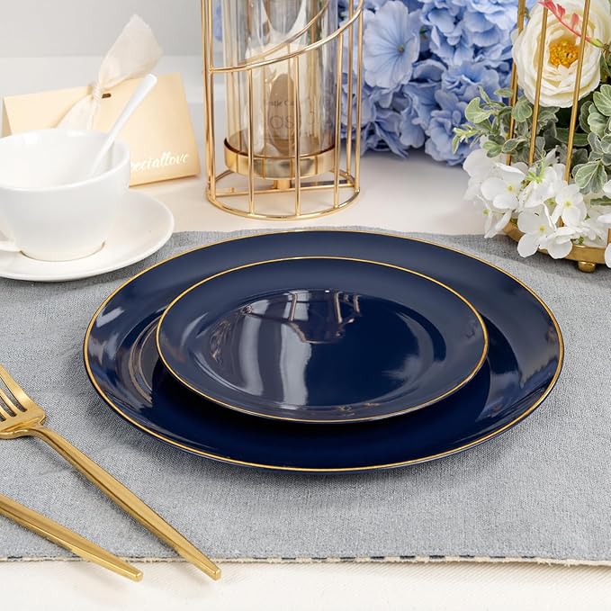 bUCLA 150PCS Blue and Gold Plastic Plates - 25 Guests Navy Blue Plastic Dinnerware Disposable for Party and Graduation - Include 25 Dinner/Dessert Plates, 25 Knives, 25 Forks, 25 Spoons, 25 Cups