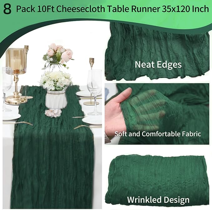 8 Pack Emerald Green Cheesecloth Table Runner 10Ft Gauze Cheese Cloth Table Runner 35 x 120Inch Boho Table Runners Romantic Table Cloth for Wedding Bridal Baby Shower Birthday Party Fall Table Decor